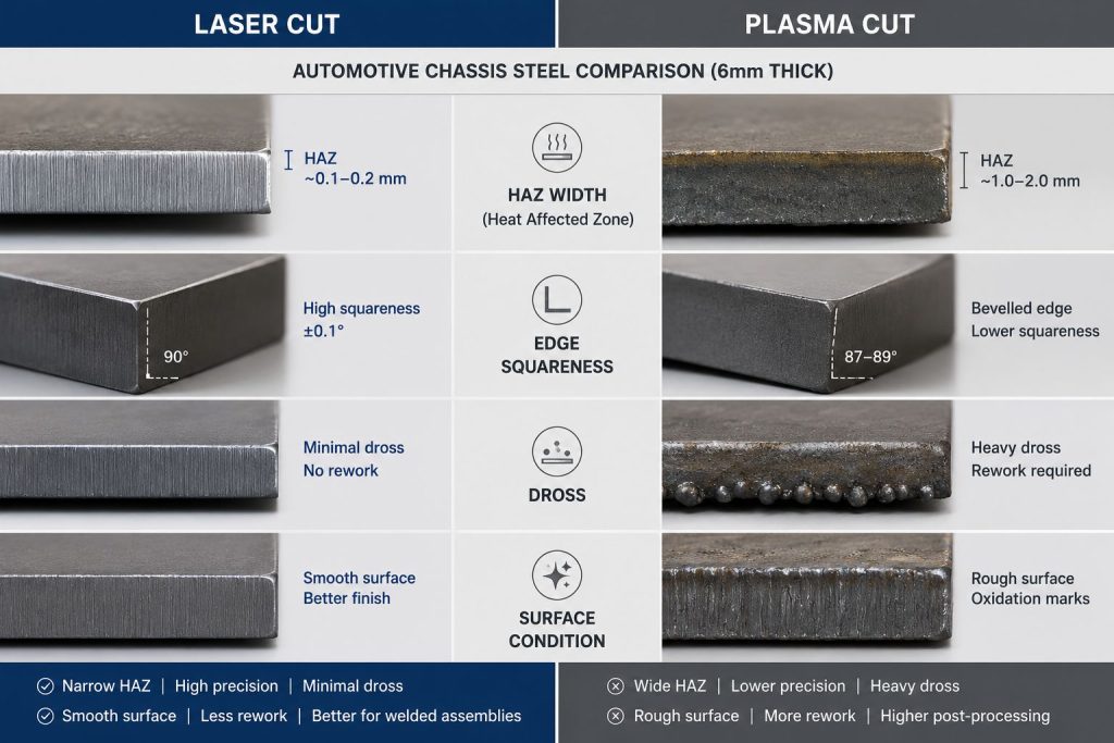 Laser cutting vs plasma cutting automotive chassis edge quality comparison